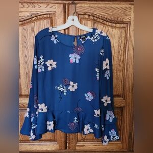a.n.a Blue and White Ruffled Bell Sleeve Blouse